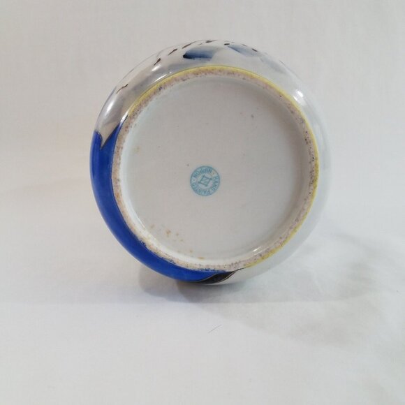 Antique Nippon 8.75" Vase Hand Painted Winter Scene Blue White Gold Tone Handles - Picture 6 of 16